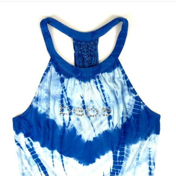 Bebe Blue Tie Dye Braided Tank Top Crystal Monogram Logo Strappy Medium Shirt - Picture 2 of 5
